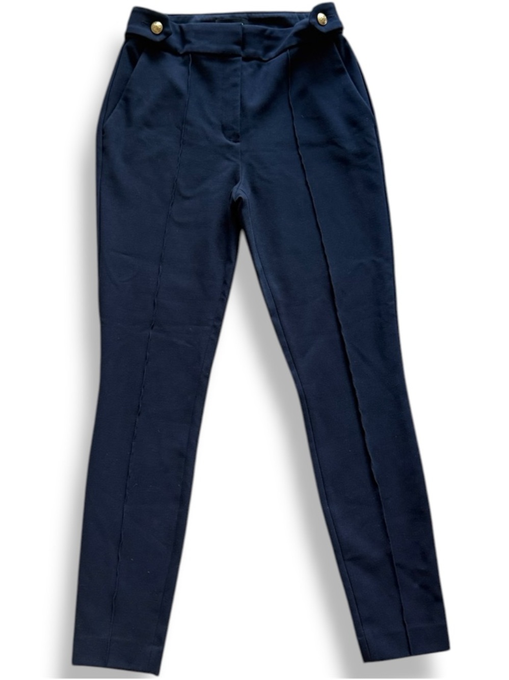 Express Editor Pants Size 4R Navy Blue High Waisted Gold Crest Button Skinny Leg